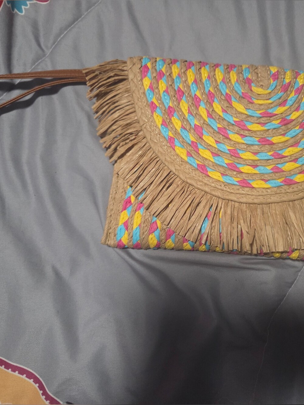 Boho Woven Fringe Wristlet Clutch in Natural with Pink, Blue & Yellow Trim
